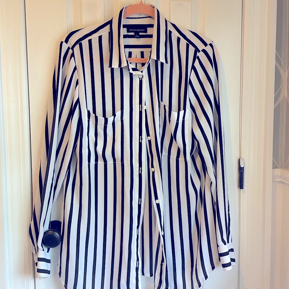 Button down black and white striped shirt